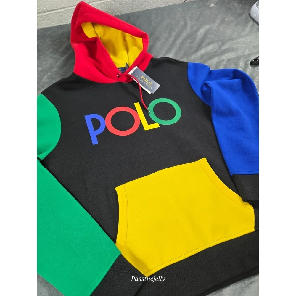 Polo Ralph Lauren Men's Small Black Colorblock Graphic Fleece Hoodie Spellout